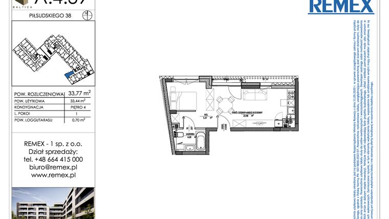 Rzut - Mieszkanie na sprzedaż 1 pokój o powierzchni 33,75 m² - numer A.4.39 w Osiedle BALTICA