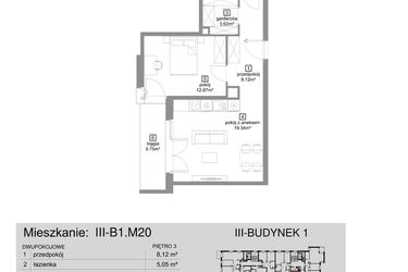 Rzut - Mieszkanie na sprzedaż 2 pokoje o powierzchni 49 m² - numer III-B1.M20 w Strefa Cegielnia 3