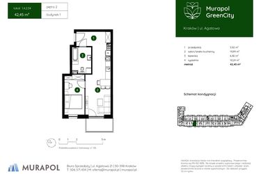 Rzut - Mieszkanie na sprzedaż 2 pokoje o powierzchni 42,45 m² - numer 1.A.2.04 w Murapol GreenCity bud. 1