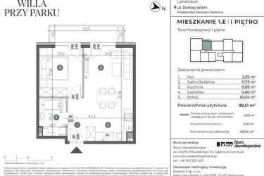 Rzut - Mieszkanie na sprzedaż 2 pokoje o powierzchni 39,51 m² - numer 1.E w Willa przy parku