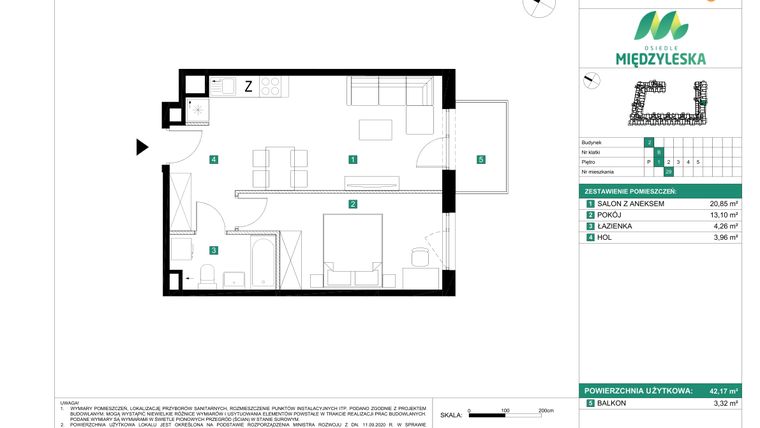Rzut - Mieszkanie na sprzedaż 2 pokoje o powierzchni 42,17 m² - numer 29 w Osiedle Międzyleska - etap II