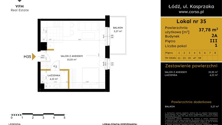 Rzut - Mieszkanie na sprzedaż 1 pokój o powierzchni 37,78 m² - numer 2A.35 w Corso etap 2