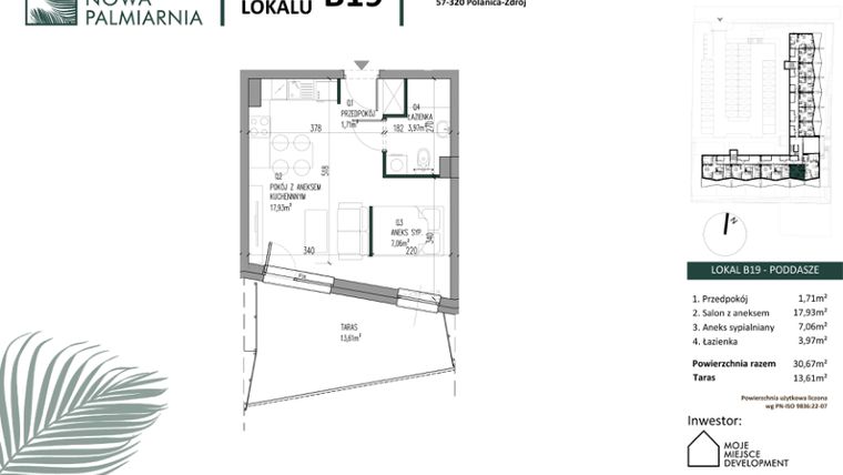 Rzut - Mieszkanie na sprzedaż 1 pokój o powierzchni 30,67 m² - numer B19 w Nowa Palmiarnia