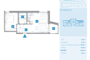 Rzut - Mieszkanie na sprzedaż 2 pokoje o powierzchni 43,65 m² - numer 36 w Apartamenty Macadamia