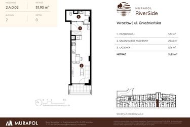 Rzut - Mieszkanie na sprzedaż 1 pokój o powierzchni 31,93 m² - numer 2.A.0.02 w Murapol RiverSide