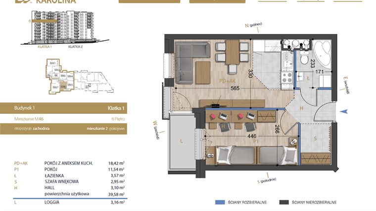 Rzut - Mieszkanie na sprzedaż 2 pokoje o powierzchni 39,58 m² - numer 46 w Osiedle Dakar Karolina