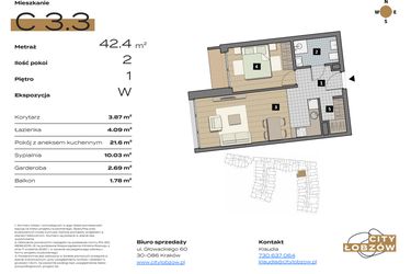Rzut - Mieszkanie na sprzedaż 2 pokoje o powierzchni 42,4 m² - numer C 3.3 w City Łobzów