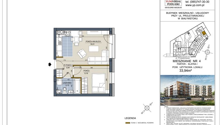 Rzut - Mieszkanie na sprzedaż 2 pokoje o powierzchni 33,94 m² - numer 4 w Perła Śródmieścia