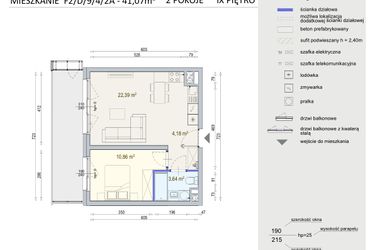 Rzut - Mieszkanie na sprzedaż 2 pokoje o powierzchni 41,07 m² - numer D/9/4/2A w Modern Mokotów bud. F1 i F2