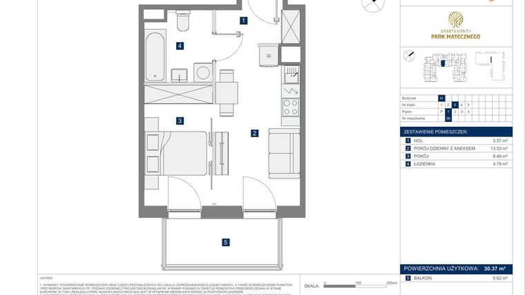 Rzut - Mieszkanie na sprzedaż 2 pokoje o powierzchni 30,37 m² - numer H36 w Apartamenty Park Matecznego Etap 2.2