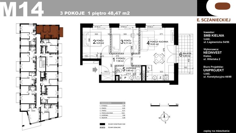 Rzut - Mieszkanie na sprzedaż 3 pokoje o powierzchni 48,47 m² - numer M14 w Sczanieckiej 8