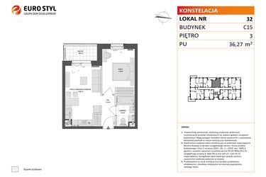 Rzut - Mieszkanie na sprzedaż 2 pokoje o powierzchni 36,27 m² - numer C15.32 w Konstelacja etap VI