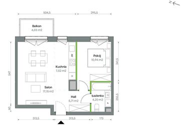 Rzut - Mieszkanie na sprzedaż 2 pokoje o powierzchni 45,52 m² - numer 1/A/2/90 w Oliwska Vita