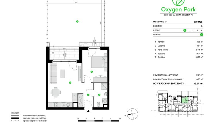 Rzut - Mieszkanie na sprzedaż 2 pokoje o powierzchni 43,97 m² - numer G.0.M08 w Oxygen Park etap III