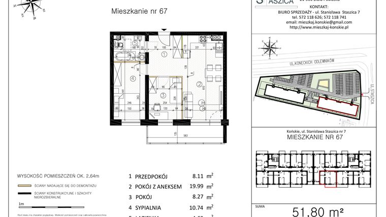 Rzut - Mieszkanie na sprzedaż 3 pokoje o powierzchni 51,8 m² - numer M67 w Staszica