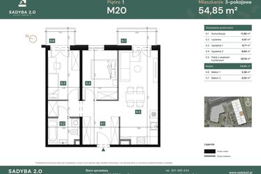 Rzut - Mieszkanie na sprzedaż 3 pokoje o powierzchni 54,85 m² - numer M20 w Sadyba 2.0