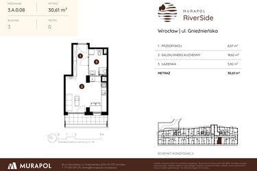 Rzut - Mieszkanie na sprzedaż 1 pokój o powierzchni 30,61 m² - numer 3.A.0.08 w Murapol RiverSide