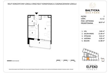 Rzut - Mieszkanie na sprzedaż 2 pokoje o powierzchni 38,97 m² - numer A.2.12 w Bałtycka Sea Park