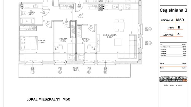 Rzut - Mieszkanie na sprzedaż 4 pokoje o powierzchni 86,68 m² - numer 50 w Osiedle StaLove etap I