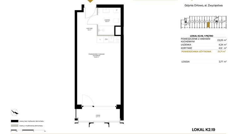 Rzut - Mieszkanie na sprzedaż 1 pokój o powierzchni 31,71 m² - numer K2.19 w Orłowo Square - Apartamenty inwestycyjne