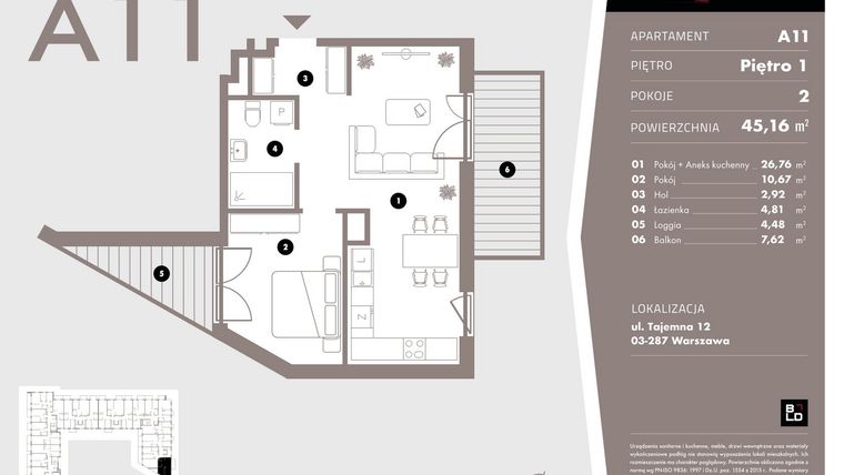 Rzut - Mieszkanie na sprzedaż 2 pokoje o powierzchni 45,16 m² - numer A11 w Livo