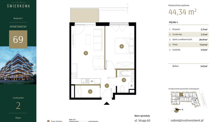 Rzut - Mieszkanie na sprzedaż 2 pokoje o powierzchni 44,34 m² - numer 69 w Rezydencja Świerkowa