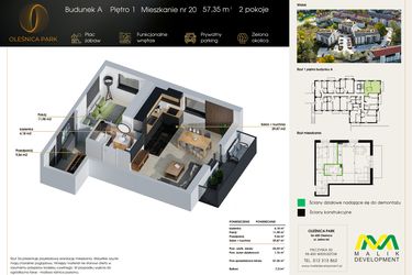 Rzut - Mieszkanie na sprzedaż 2 pokoje o powierzchni 57,35 m² - numer M20 w Oleśnica Park