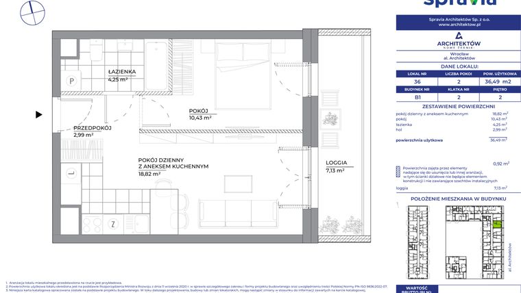 Rzut - Mieszkanie na sprzedaż 2 pokoje o powierzchni 36,49 m² - numer B1_36 w Architektów
