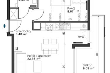 Rzut - Mieszkanie na sprzedaż 2 pokoje o powierzchni 40,45 m² - numer A-22 w Destino