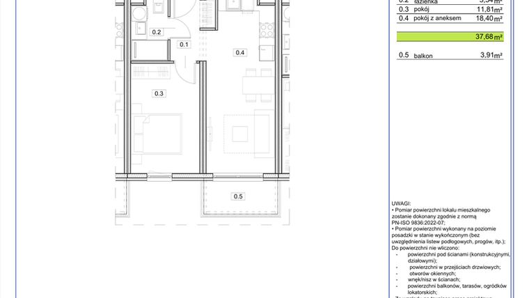Rzut - Mieszkanie na sprzedaż 2 pokoje o powierzchni 37,68 m² - numer B.18 w EcoBerensona II