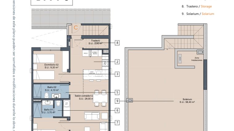 Rzut - Mieszkanie na sprzedaż 2 pokoje o powierzchni 65,6 m² - numer 1.1.C w LA Sunrise - Los Alcázares