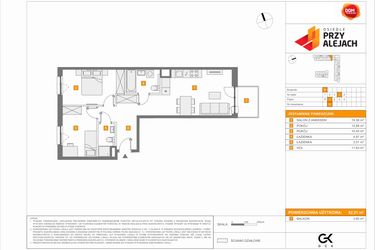 Rzut - Mieszkanie na sprzedaż 3 pokoje o powierzchni 62,21 m² - numer B72 w Osiedle Przy Alejach etap 2