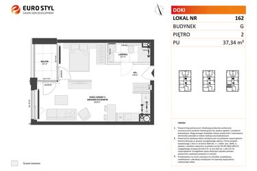 Rzut - Mieszkanie na sprzedaż 1 pokój o powierzchni 37,34 m² - numer G.162 w DOKI Living etap II