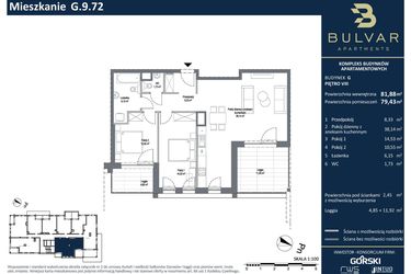 Rzut - Mieszkanie na sprzedaż 3 pokoje o powierzchni 81,85 m² - numer G.9.72 w Bulvar Apartments - etap I