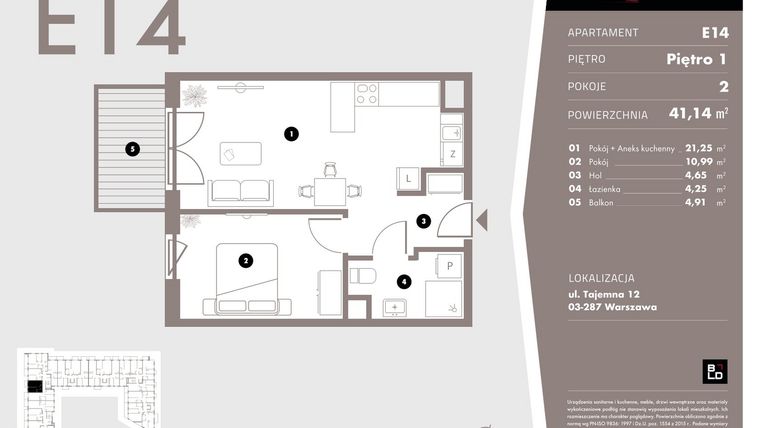 Rzut - Mieszkanie na sprzedaż 2 pokoje o powierzchni 41,14 m² - numer E14 w Livo