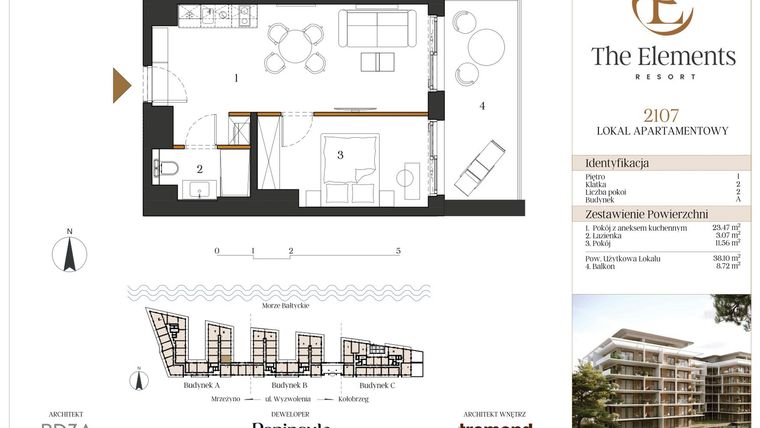 Rzut - Mieszkanie na sprzedaż 2 pokoje o powierzchni 37,51 m² - numer A2107 w The Elements Resort