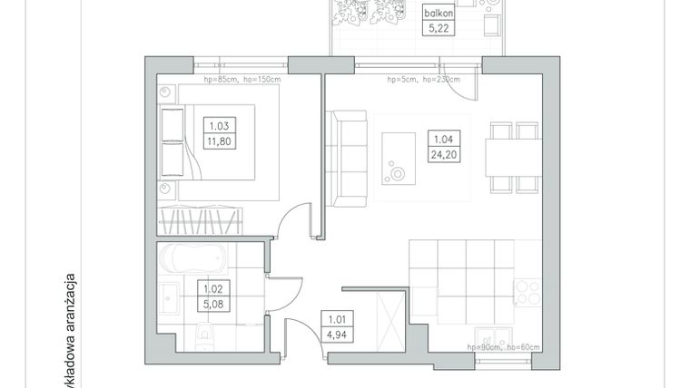 Rzut - Mieszkanie na sprzedaż 2 pokoje o powierzchni 46,02 m² - numer 9.5 w Remoda