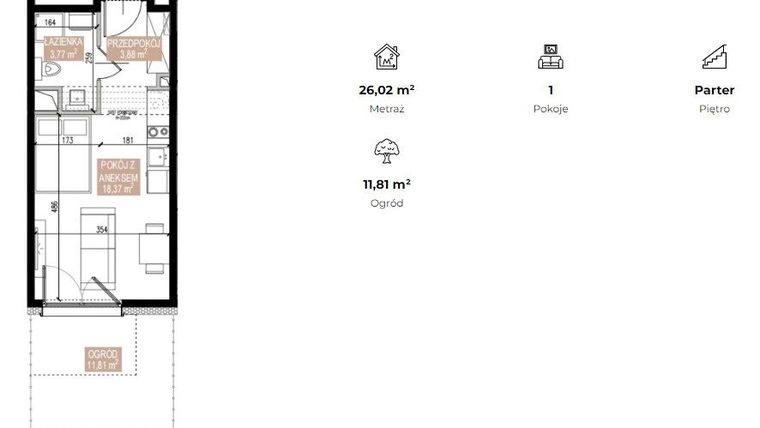 Rzut - Mieszkanie na sprzedaż 1 pokój o powierzchni 25,87 m² - numer SWA/2/03/C w Apartamenty Świeradowska