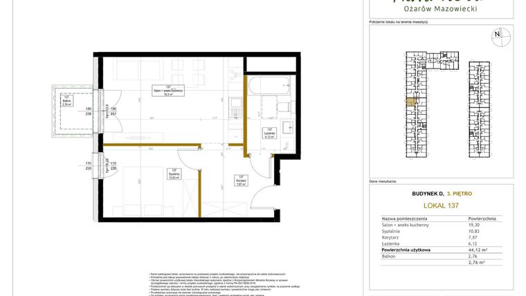 Rzut - Mieszkanie na sprzedaż 2 pokoje o powierzchni 44,52 m² - numer 137 w Aura Nova etap II