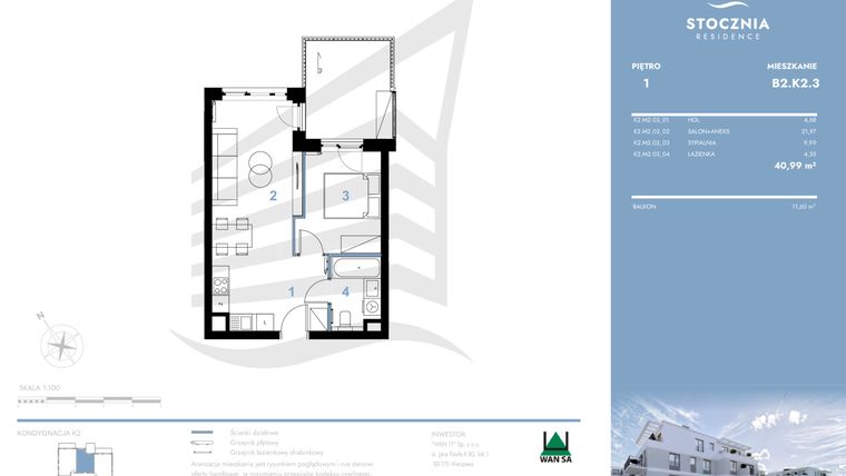 Rzut - Mieszkanie na sprzedaż 2 pokoje o powierzchni 40,99 m² - numer B2.K2.3 w Stocznia Residence