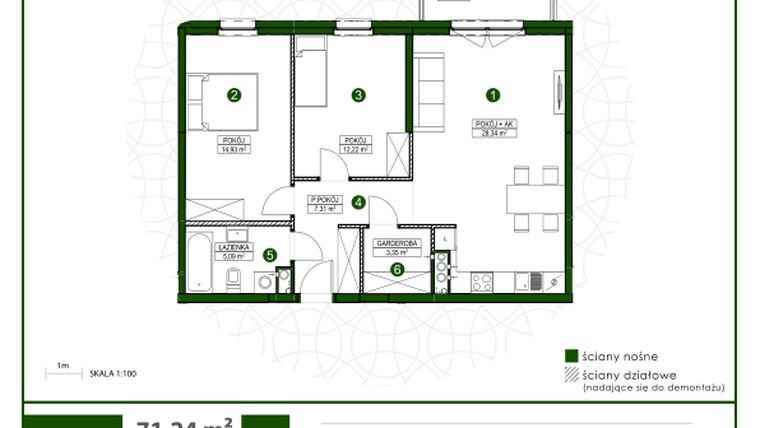 Rzut - Mieszkanie na sprzedaż 3 pokoje o powierzchni 71,24 m² - numer 11 w Moja Wiązowa