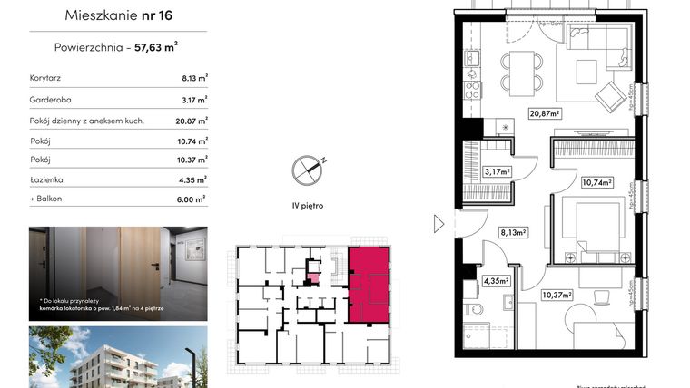 Rzut - Mieszkanie na sprzedaż 3 pokoje o powierzchni 57,63 m² - numer B17.M16 w Novum Rumia - bud. 17
