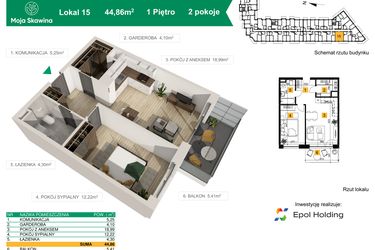 Rzut - Mieszkanie na sprzedaż 2 pokoje o powierzchni 44,86 m² - numer M15 w Moja Skawina