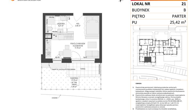 Rzut - Mieszkanie na sprzedaż 1 pokój o powierzchni 25,42 m² - numer B.21 w Osiedle Warszawska etap III