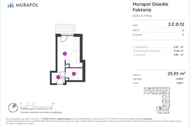 Rzut - Mieszkanie na sprzedaż 1 pokój o powierzchni 25,93 m² - numer 2.C.0.12 w Murapol Osiedle Faktoria