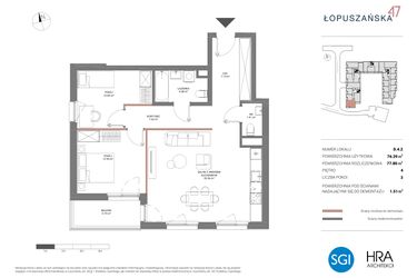 Rzut - Mieszkanie na sprzedaż 3 pokoje o powierzchni 77,8 m² - numer D.4.2 w Łopuszańska 47 - etap 2