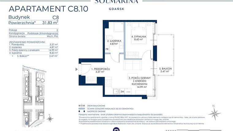 Rzut - Mieszkanie na sprzedaż 2 pokoje o powierzchni 31,83 m² - numer C8.10 w Sol Marina etap III
