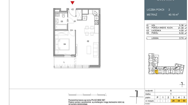 Rzut - Mieszkanie na sprzedaż 2 pokoje o powierzchni 40,16 m² - numer 50 w Morwowa 5