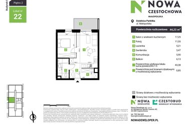 Rzut - Mieszkanie na sprzedaż 2 pokoje o powierzchni 44,23 m² - numer E22 w Nowa Częstochowa Małopolska etap II