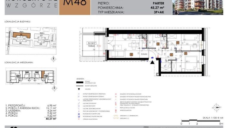 Rzut - Mieszkanie na sprzedaż 3 pokoje o powierzchni 45,27 m² - numer B1.48 w Koncertowe Wzgórze